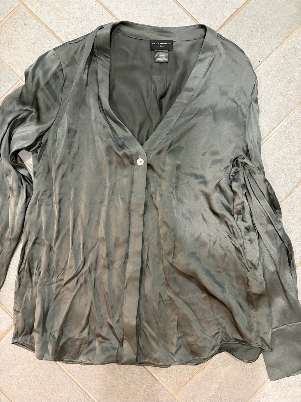 Club Monaco Grey Silk V-Neck Button Blouse